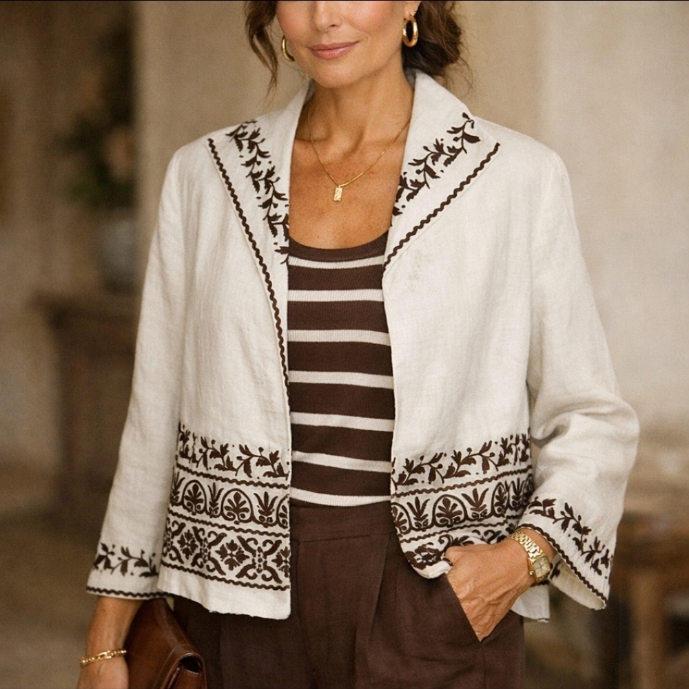 Coldwater Creek Ivory Linen Blend Open Front Brown Embroidered Jacket PM